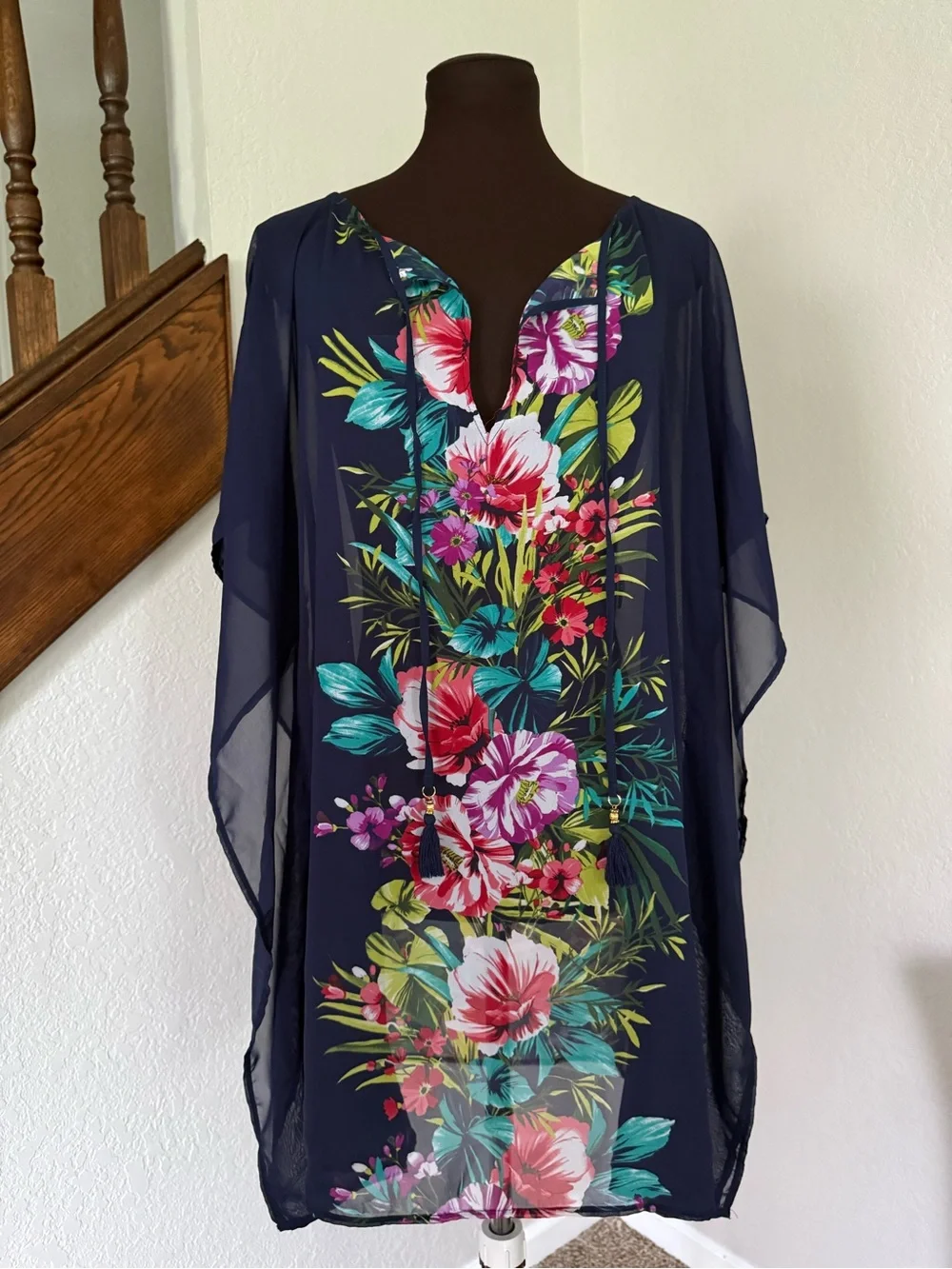 Tommy Bahama Floral Sheer Tunic Cover Up Kaftan S/M Resort Beach Tropical - Picture 1 of 5